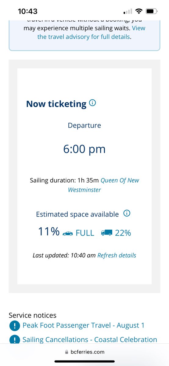 Yenoomk1's tweet photo. @BCFerries Please update your website. How can you be both ticketing for 1pm and 6pm. @Rob_Fleming @Dave_Eby @bcndp @Transport_gc https://t.co/HAEFAhE1Pq
