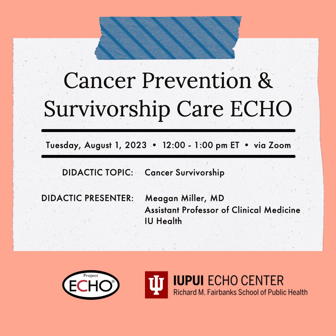 IUIECHOCenter's tweet photo. Join us this upcoming Tuesday for the Cancer ECHO featuring a didactic presentation on "Cancer Survivorship" presented by Meagan Miller, MD.

Register: https://t.co/2Hx5vwRgS7

All healthcare providers are encouraged to join as their schedule allows. https://t.co/tiwuIotJtB