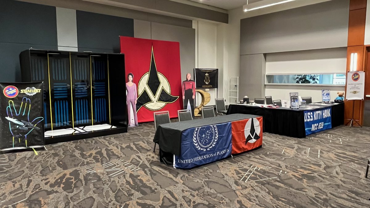 USSKittyHawkSF's tweet photo. We are ready for the next few days @GalaxyConRDU check us out in room 302 C. Come take a  selfie with our new transporter https://t.co/6AsxPyIM8I