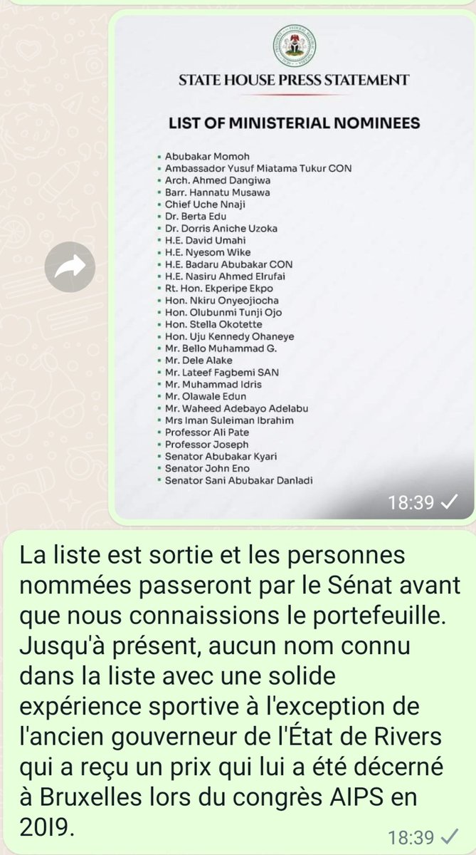 HuguesZounon's tweet photo. La liste des ministres de Bola Tinubu sera officielle. Premier constat il n'y a pas le nom de Okocha parmi ceux qui passeront devant le sénat.
#Nigeria
#cafonline
#footafrique
#waxeso https://t.co/cJizcFTJ2S