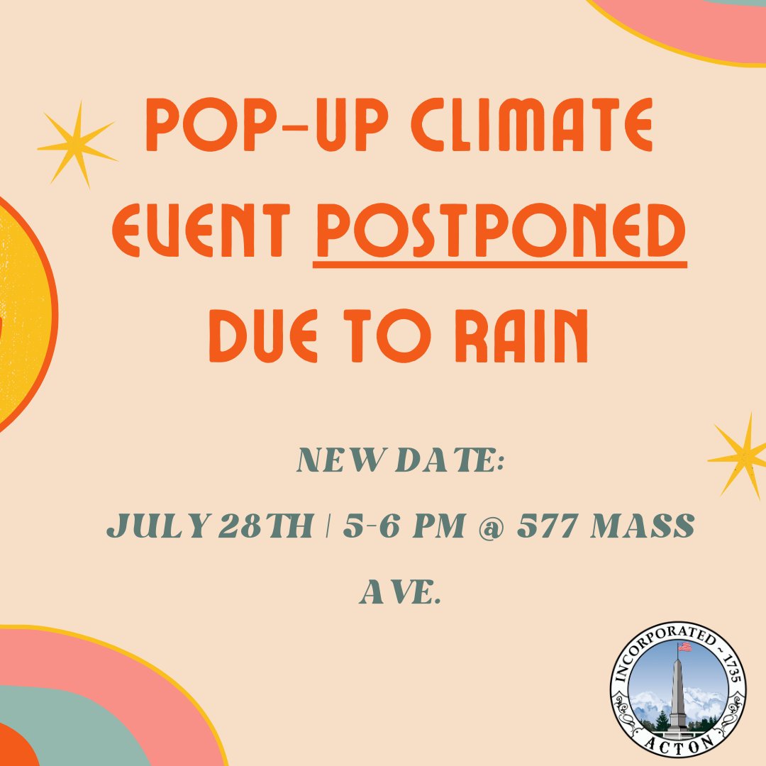 The "Pop-Up" Climate Cafe event has been postponed for tomorrow, due to rain. Learn how Acton businesses can support sustainability from Acton's new "Pop-Up" entrepreneurs (The Fluffy Dog Flower Farm, Girly Girl Soaps, and iJewelShop &amp; a new Pop-Up)! 🌞 ♻️ 🏞️