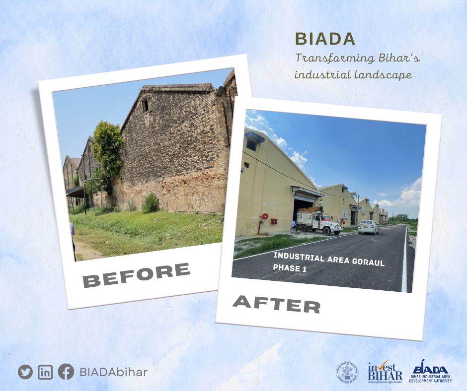 BIADA is transforming the industrial landscape of Bihar. "Before and After" pictures of Industrial Area Goraul, District Vaishali.  See the change in one year. Many units have taken land in the Industrial Area. This will be Second textile hub after Muzaffarpur.