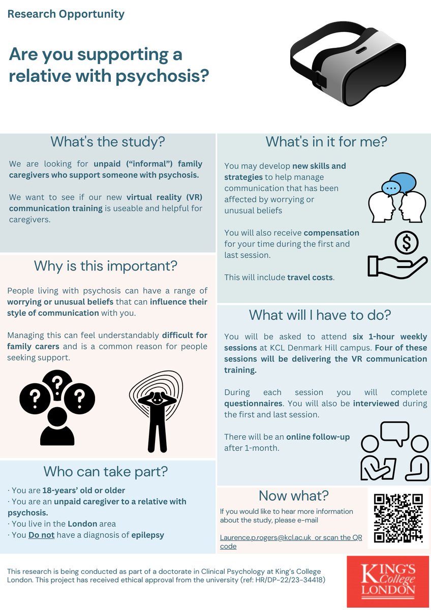 VR_PsychosisKCL's tweet image. 📢NEW VIRTUAL REALITY (VR) #RESEARCH OPPORTUNITY📢

We are looking for…

Informal (unpaid) #carers of people with psychosis
18 years or older 
Based in the #London area

Find out more here 👇 qualtrics.kcl.ac.uk/jfe/form/SV_0D…

Please follow, like, and re-tweet to get the word out!