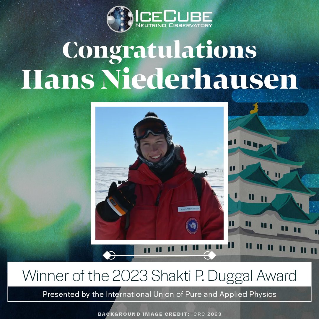And here comes another award!

🎉 Congratulations to <a href="/michiganstateu/">MSU</a> postdoctoral researcher and IceCube collaborator Hans Niederhausen on winning the prestigious Shakti Duggal Award for 2023! The prize was presented today at @icrc2023.

Read more ➡️ icecube.wisc.edu/news/awards/20…