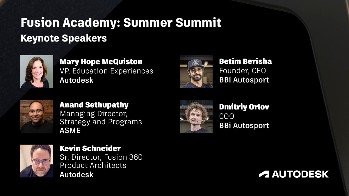 AutodeskEDU's tweet image. If you are planning on attending Fusion Academy: Summer Summit in Denver next week, get ready for an incredible lineup of keynote speakers awaiting you 🎤✨

#MakeAnything #FusionAcademy