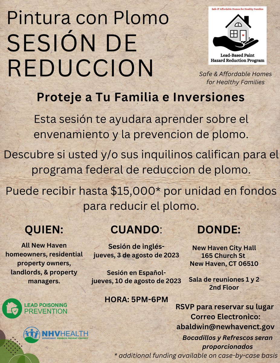 Join NHV's Lead Paint Abatement Workshop Sessions on Thursday, August 3, 2023 (ENGLISH) and Thursday, August 10, 2023 (SPANISH). Please RSVP to secure your spot!