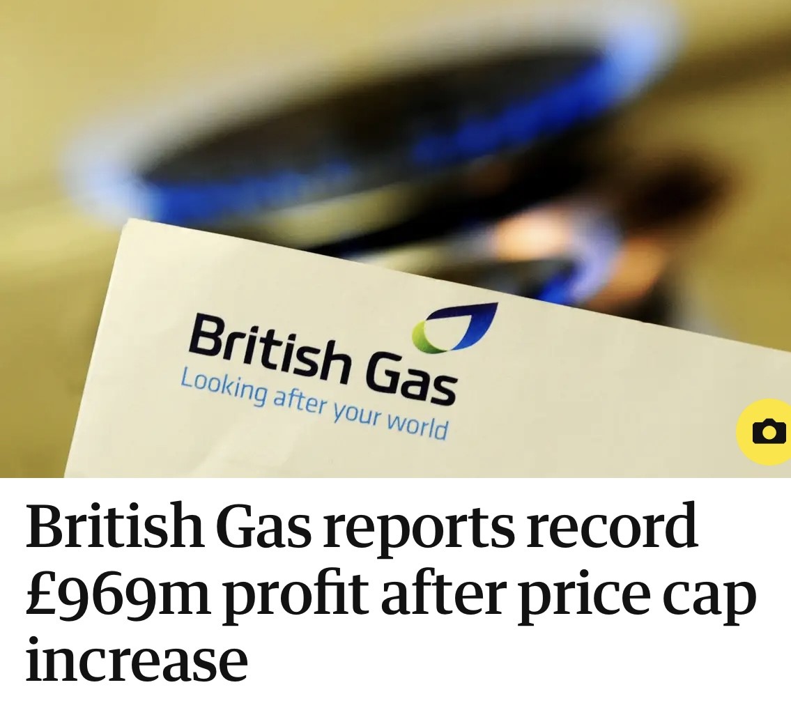 There’s a cost of living crisis. Families are struggling to pay their bills and children are going hungry. But there’s no profit crisis at <a href="/BritishGas/">British Gas</a> whose profits are up 900% from last year. Or at @Centricaplc, their owners, who made £6.5 billion profit in just 6 months this