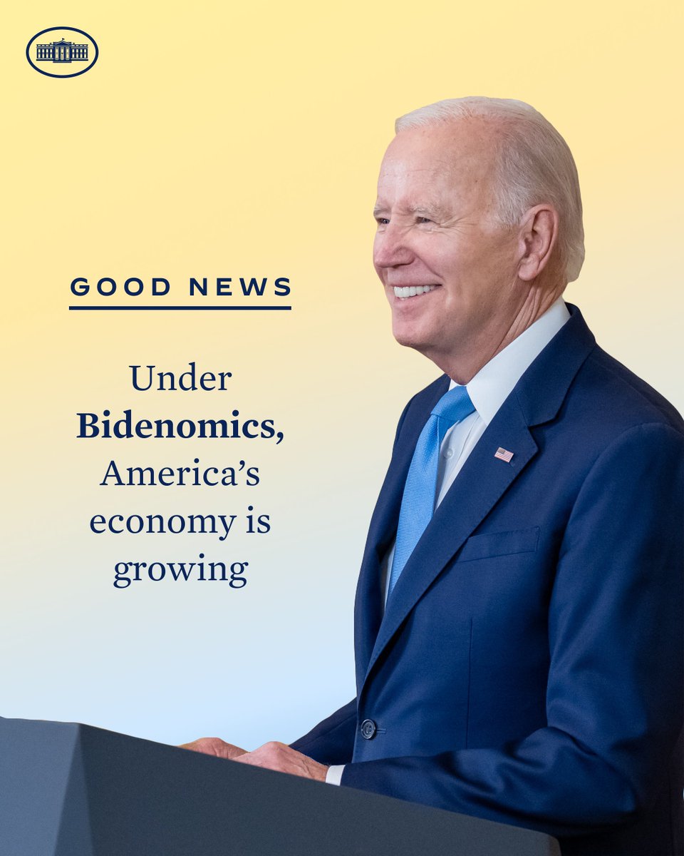 WhiteHouse46's tweet photo. Today’s economic report shows that the economy grew at 2.4% last quarter while inflation fell significantly.

The economy is growing and costs are coming down for families. That’s Bidenomics at work. https://t.co/WxwyqM6hxH