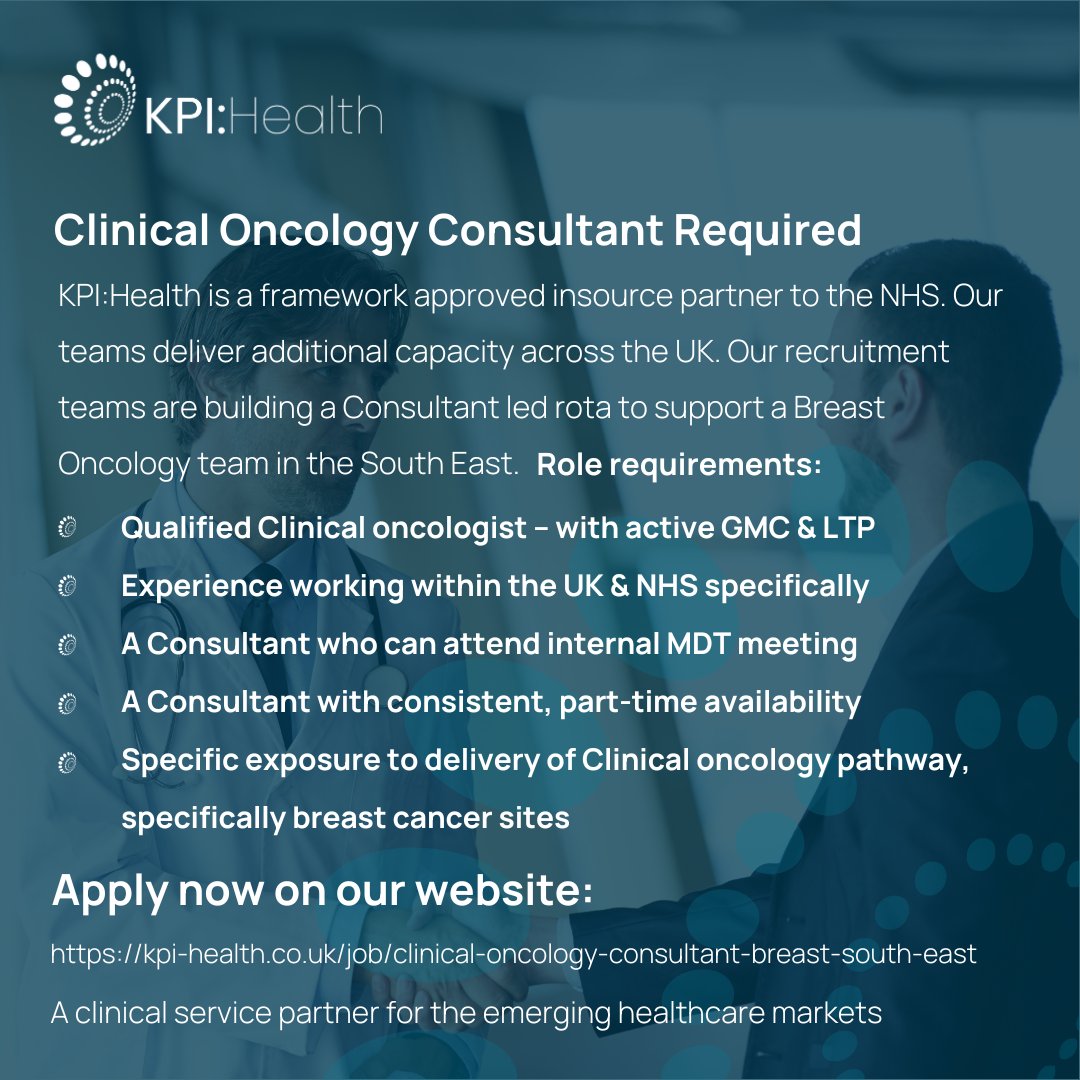 KPI Health (@kpihealth) on Twitter photo Our recruitment teams are building a Consultant led rota to support a Breast Oncology team in the South East.
Job Location: South East
Salary: Daily rate (outside of IR35)
💻 kpi-health.co.uk/job/clinical-o…
✉️ Jack.smith@kpi-health.co.uk
#healthcare #recruitment #jobposting Our recruitment teams are building a Consultant led rota to support a Breast Oncology team in the South East.
Job Location: South East
Salary: Daily rate (outside of IR35)
💻 kpi-health.co.uk/job/clinical-o…
✉️ Jack.smith@kpi-health.co.uk
#healthcare #recruitment #jobposting