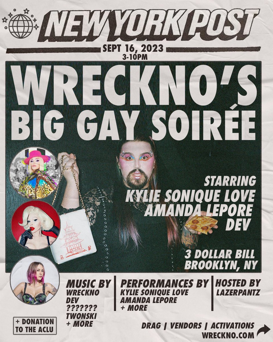 🌈 BIG GAY SOIRÉE TAKES ON NYC 🪩

Our team is thrilled to present our very first curated event! We will be taking over 3 Dollar Bill in Brooklyn and having ICONS ONLY joining us! Come join us for a day of performances by legends such as the winner of Rupaul’s Drag Race All Stars