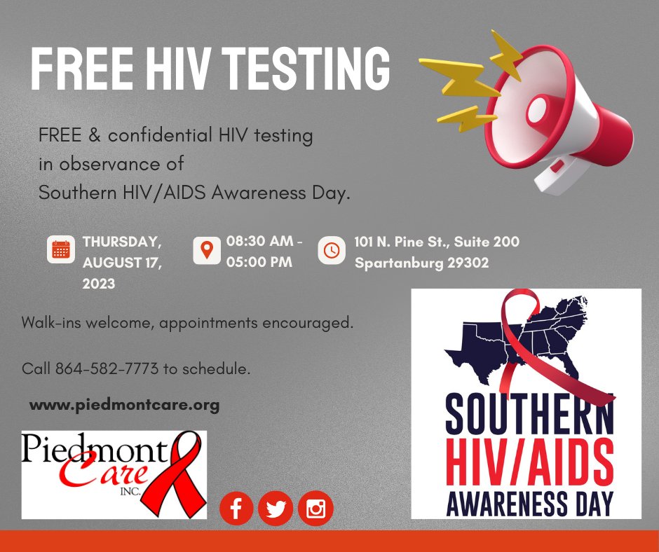 Southern HIV/AIDS Awareness Day is less than one month away!

Contact us to set up an appointment for free and confidential HIV testing. 

#LetsStopHIVTogether #KnowYourStatus