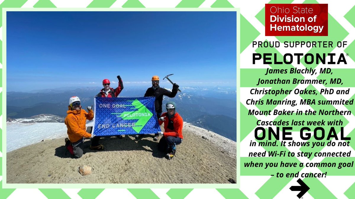 Ohio State Hematology (@osuhematology) on Twitter photo Check this out➡️<a href="/jamesblachly/">James Blachly</a>, Jonathan Brammer, MD, Christopher Oakes, PhD & <a href="/ChrisManring/">Chris Manring</a> summited Mount Baker in the Northern Cascades last week with #onegoal in mind.
It shows you don't need Wi-Fi to stay connected when you have a common goal – to 🔚 cancer!
<a href="/Pelotonia/">Pelotonia</a> Check this out➡️<a href="/jamesblachly/">James Blachly</a>, Jonathan Brammer, MD, Christopher Oakes, PhD & <a href="/ChrisManring/">Chris Manring</a> summited Mount Baker in the Northern Cascades last week with #onegoal in mind.
It shows you don't need Wi-Fi to stay connected when you have a common goal – to 🔚 cancer!
<a href="/Pelotonia/">Pelotonia</a>