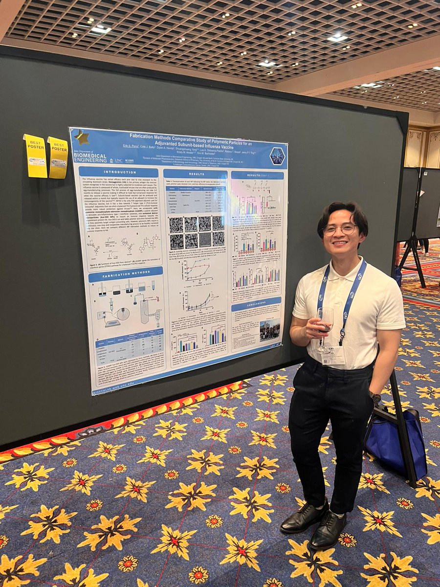 AinslieLab's tweet photo. Check out Erik Pena's two ribbon worthy poster #361 at CRS. On fabrication of polymeric subunit influenza vaccines! 🥇🥇 #CRS2023 https://t.co/ttal5aEgyk
