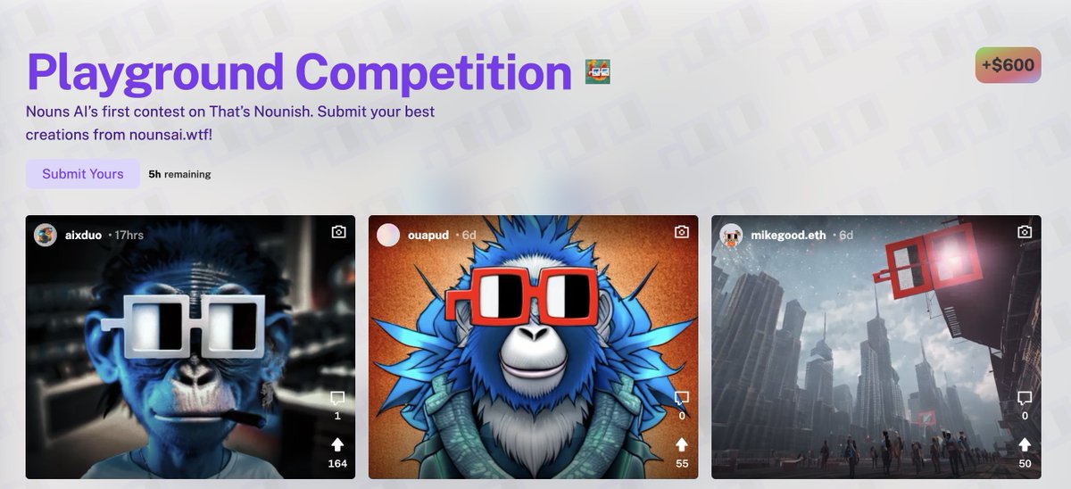 thatsnounish's tweet photo. 5️⃣ hours left.

Submit your @NounsAI_wtf creations.

Vote with your Nounish NFTs.

Winners announced tonight. 🏆 https://t.co/ofyiSFRiPP