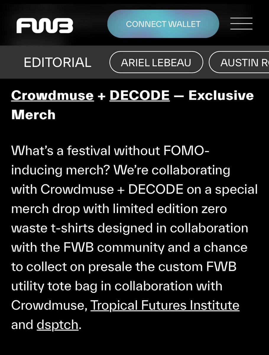 Crowdmuse (@crowdmuse) on Twitter photo Imagine a new kind of merch
bringing drop culture onchain with community and creator collabs
look out for the limited edition FEST23 drop w <a href="/FWBtweets/">Friends With Benefits</a> + <a href="/decodemfg/">DECODE</a>
and custom <a href="/FWBtweets/">Friends With Benefits</a> drop w <a href="/tropicalfuture_/">Tropical Futures Institute</a> and <a href="/dsptch/">DSPTCH Ⓡ</a>. Imagine a new kind of merch
bringing drop culture onchain with community and creator collabs
look out for the limited edition FEST23 drop w <a href="/FWBtweets/">Friends With Benefits</a> + <a href="/decodemfg/">DECODE</a>
and custom <a href="/FWBtweets/">Friends With Benefits</a> drop w <a href="/tropicalfuture_/">Tropical Futures Institute</a> and <a href="/dsptch/">DSPTCH Ⓡ</a>.