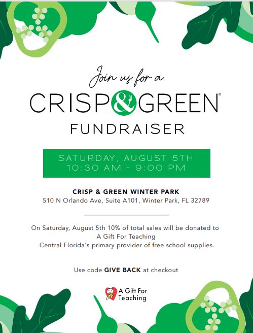 Winter Park Village (@shopwinterpark) on Twitter photo Healthy eating for a good cause? Sign us up! Head to CRISP & GREEN on Saturday, August 5, in support of <a href="/agift4teaching/">A Gift For Teaching</a>, Central Floridaās primary provider of free school supplies to teachers for their students who need them most. *Dine in only. Healthy eating for a good cause? Sign us up! Head to CRISP & GREEN on Saturday, August 5, in support of <a href="/agift4teaching/">A Gift For Teaching</a>, Central Floridaās primary provider of free school supplies to teachers for their students who need them most. *Dine in only.