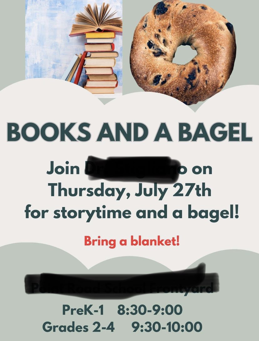 My daughter’s school principal hosted a “Bagel🥯 and Book📖” session this morning…. 
What a nice way to connect with the community and your students… incoming and recurrent 
#happyparent