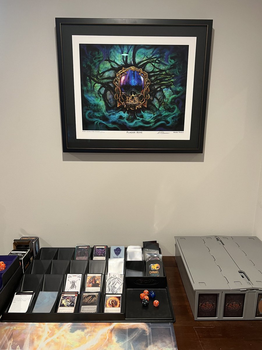 Deck building station updated with art from <a href="/Markpooleartist/">Mark Poole</a>. Plague Hive is perfect and now it’s framed in all its glory. #fabtcg