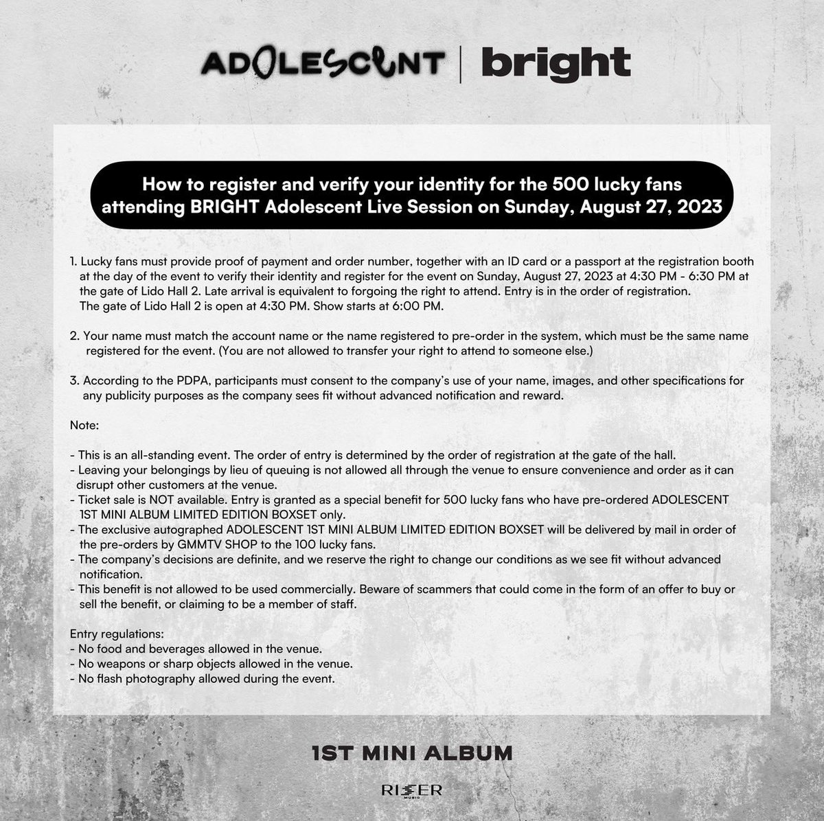 RiserMusic's tweet photo. “BRIGHT Adolescent Live Session” ประกาศรายละเอียดการลงทะเบียนเข้างาน

ขั้นตอนการลงทะเบียนและยืนยันตัวตน 
สำหรับผู้โชคดีทั้ง 500 คน เข้าร่วมงาน 
“BRIGHT Adolescent Live Session”
ในวันอาทิตย์ที่ 27 สิงหาคม 2566”
#AdolescentLiveSession
#ADOLESCENTMINIALBUM
#bbrightvc 
#RISERMUSIC https://t.co/2RvMGTJHDq