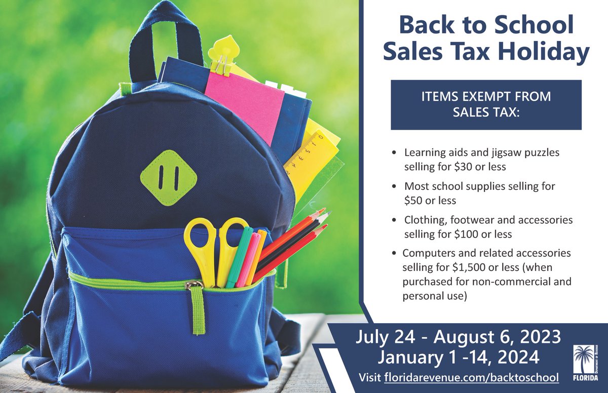 Don't miss out on Florida's back-to-school sales tax holiday which ends Sunday, August 6. Enjoy no sales tax on clothing, footwear, and other accessories of $100 or less per item and on school supplies of $50 or less per item.