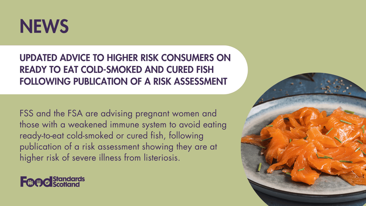 FSScot's tweet photo. ⚠️ Updated food safety advice ⚠️

If you are:   

❌ pregnant   
❌ or have a weakened immune system  

We advise that you avoid 'ready-to-eat' cold-smoked and cured fish, such as smoked salmon, smoked trout or gravlax. 

More info on what to do and why: https://t.co/2NwoVJMUON https://t.co/kUUx4v8VDB