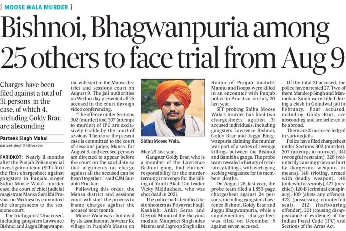 DAY 425 AFTER SIDHU #JusticeForSidhuMooseWala 

Chargesheet was committed against 25 accused in the mûrdèr of Sidhu by CJM Mansa. The trial will begin on August 9 in Mansa Sessions Court.

Hope against hope that the accused will be punished and the trial will not linger
1/2