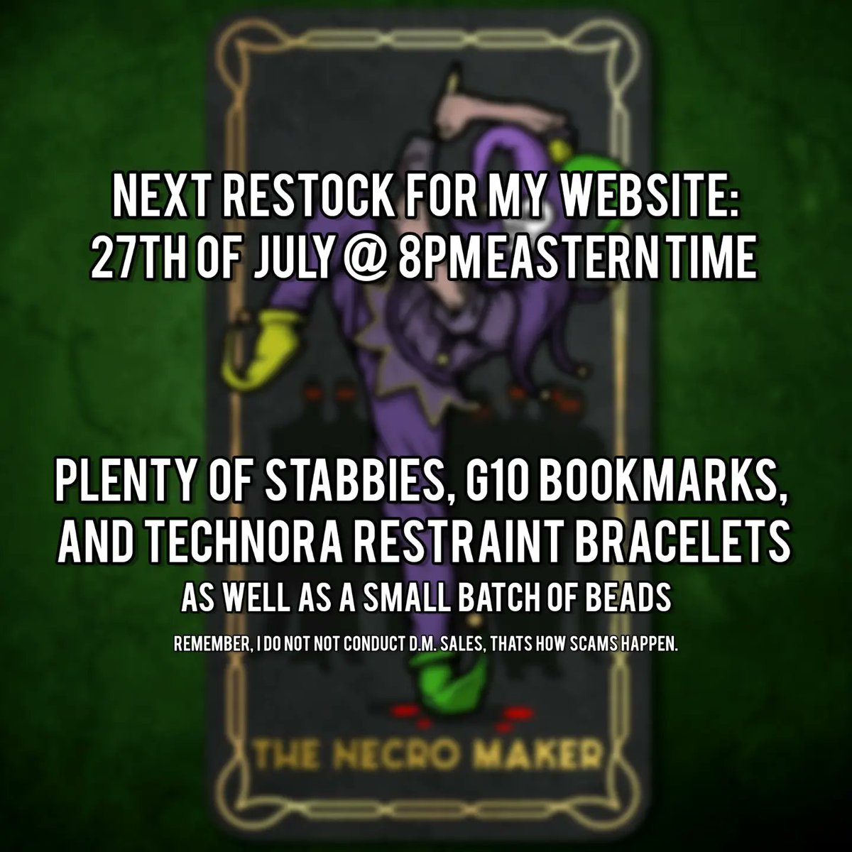thenecromaker's tweet photo. Restocking the website tonight, at 8PM eastern time. Plenty of black, red, blue, some orange, technora cuffs, bookmarks, and lilninjeemen
https://t.co/T5G3VuhxDw https://t.co/TiYQXfrkIS
