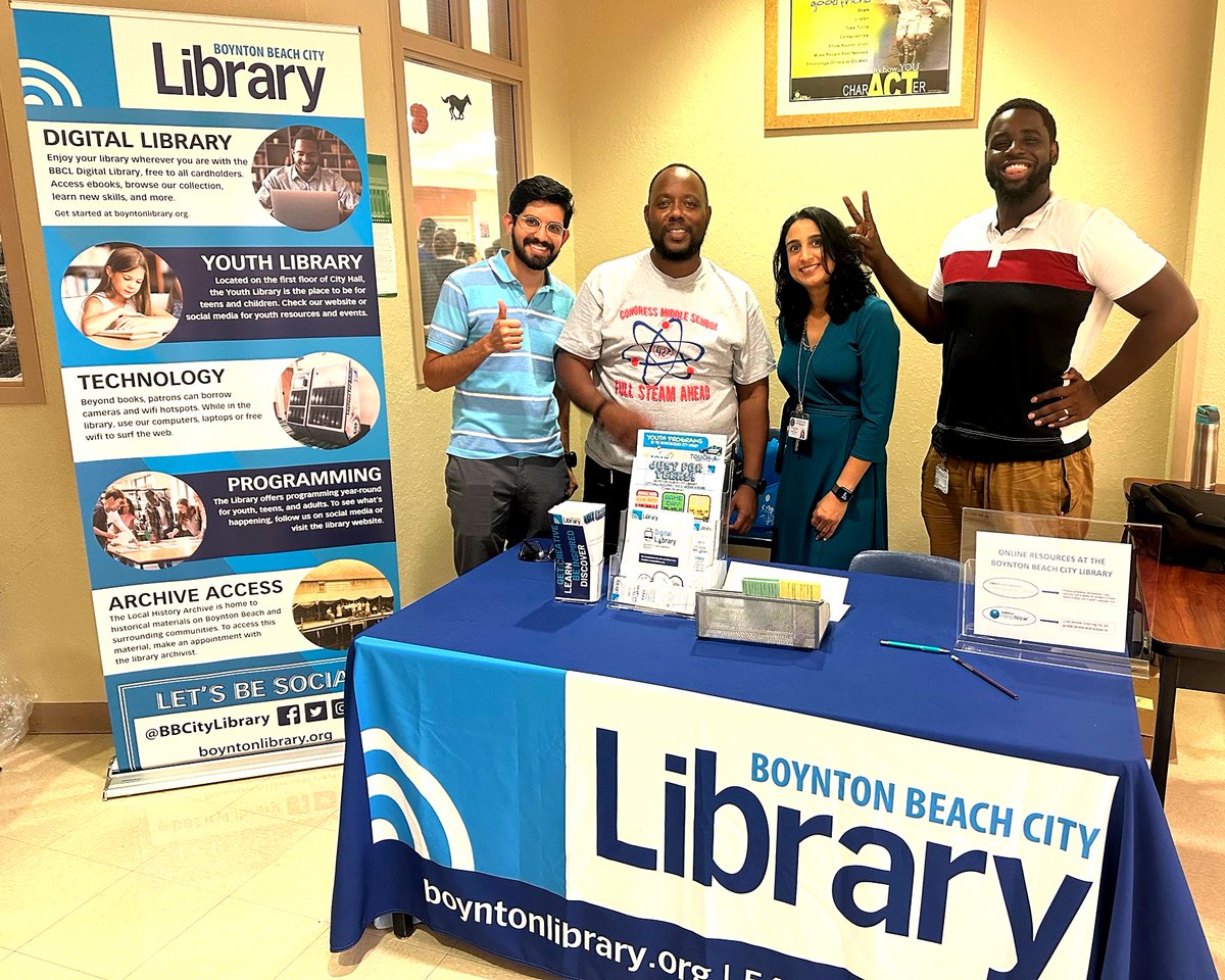 BBCityLibrary's tweet photo. Our Library Team prowled the Congress Community Middle School campus for their Back-to-School Jamboree. We had a great time sharing our resources and upcoming programs. We're pleased to welcome 47 new cardholders from Congress Middle. #BoyntonLibrary #BoyntonBeach #BacktoSchool https://t.co/ocmP3yN5wx
