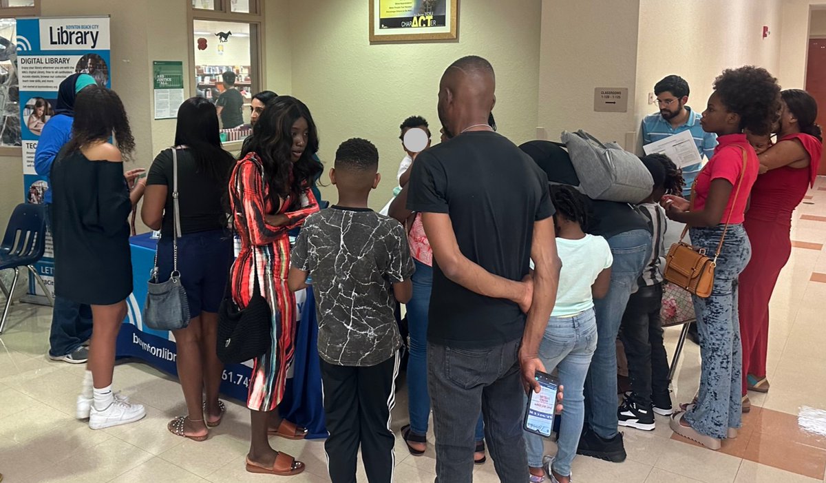 BBCityLibrary's tweet photo. Our Library Team prowled the Congress Community Middle School campus for their Back-to-School Jamboree. We had a great time sharing our resources and upcoming programs. We're pleased to welcome 47 new cardholders from Congress Middle. #BoyntonLibrary #BoyntonBeach #BacktoSchool https://t.co/ocmP3yN5wx