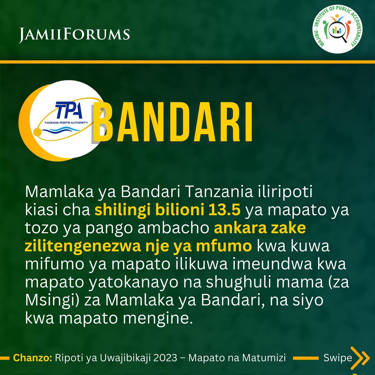 JamiiForums's tweet photo. Kwa mujibu wa #RipotiYaUwajibikaji Mwaka 2020/21, #TEMESA, #TPA, #RUWASA na Halmashauri ya Jiji la Dar zilikusanya Tsh. Bilioni 6.53 nje ya GePG, huku Tsh. Bilioni 1.2 zikikusanywa na Wizara ya Mifugo na Uvuvi nje ya Mfumo huo

Kukusanya mapato nje ya Mfumo kunaongeza mianya ya upotevu wa Mapato ya Umma kwasababu ya kukosekana kwa rekodi sahihi za kiasi kinachokusanywa kila Siku

Soma https://t.co/rwaqoyG1Mu

#JamiiForums #JFUwajibikaji23 #MapatoNaMatumiziSerikalini #RipotiMapatoNaMatumizi