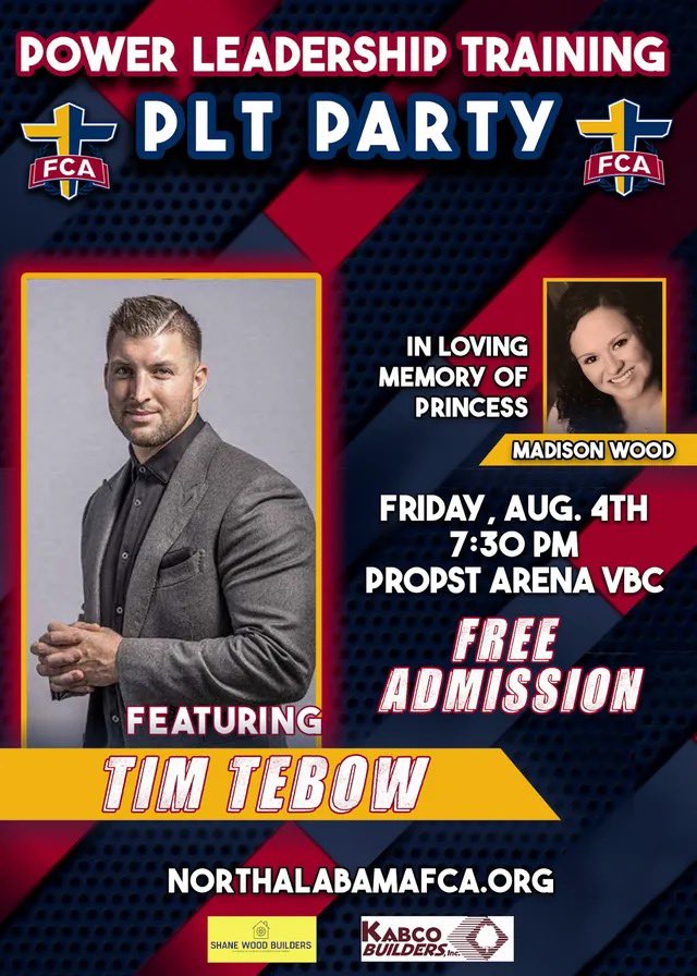 nealabamafca's tweet photo. PLT Conference registration is closed, BUT the PLT Party featuring Tim Tebow on Friday night, August 4th is open to the public! 🚪Doors open at 5:30pm & you’re not going to want to miss it! SEE YOU THERE 👊🙌🎉
#BestTimesEver
May He > we https://t.co/i69igCrJte