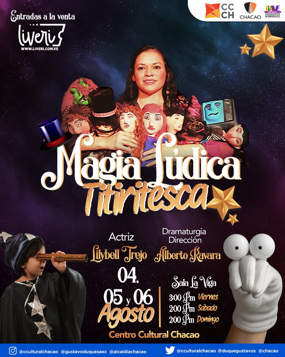 ¿La magia es Lúdica ñ? Sii, y la maga Lily te convencerá de esta realidad 🪄.

📅 Viernes 4 de agosto a las 3:00 p.m 

📅 Sábado 5 de agosto a las 2:00 p.m.

📅 Domingo 6 de agosto a las 2:00 p.m.

📍Sala La Viga | Centro Cultural Chacao 

🎫Entrada a través de <a href="/Liveri_ve/">Liveri Venezuela</a>