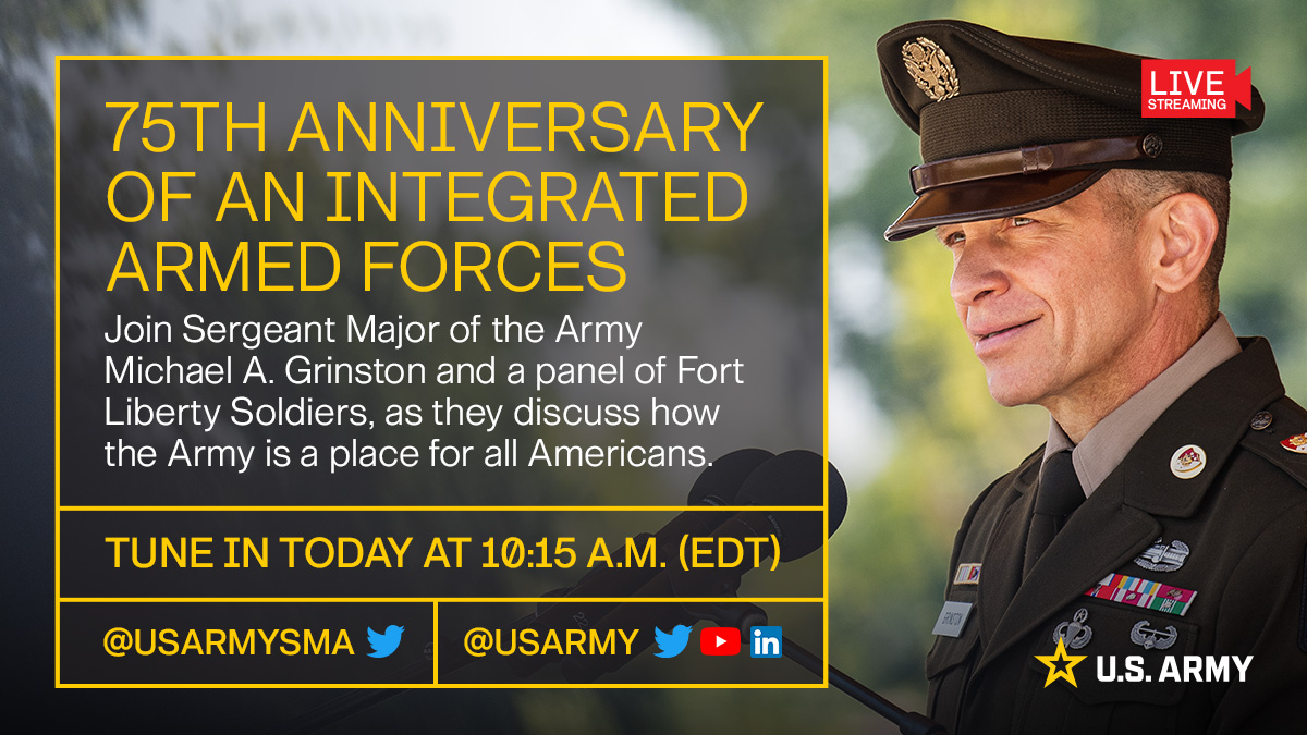 TODAY: Join us on our Twitter account at 10:15 a.m. (EDT) for a live stream discussion with @USArmySMA and a panel of Fort Liberty Soldiers about how the #USArmy is a place for all Americans who want to #BeAllYouCanBe.