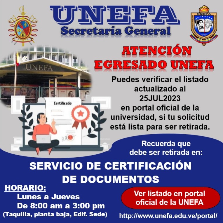 Unefa_VEN's tweet photo. ¡Atención egresados de la UNEFA! Consulten el listado actualizado al 25JUL2023 en el portal oficial de la universidad https://t.co/TIET53OjSE https://t.co/QRlrbpcses