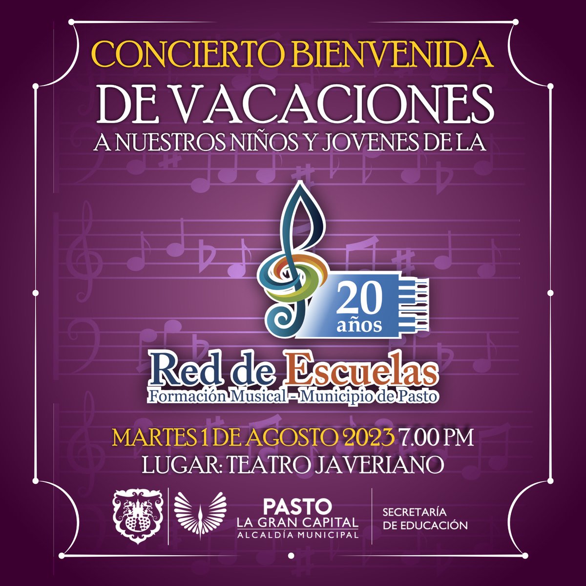 La <a href="/sempasto/">Secretaría de Educación Municipal de Pasto</a> a través de la Red de Escuelas de Formación Musical le da la bienvenida de vacaciones a todos los estudiantes, a través de un gran concierto. 🎼🎻🎹

Los esperamos este próximo martes 1 de agosto en el Teatro Javeriano a las ⏰ 7:00 p.m. 

#REFM