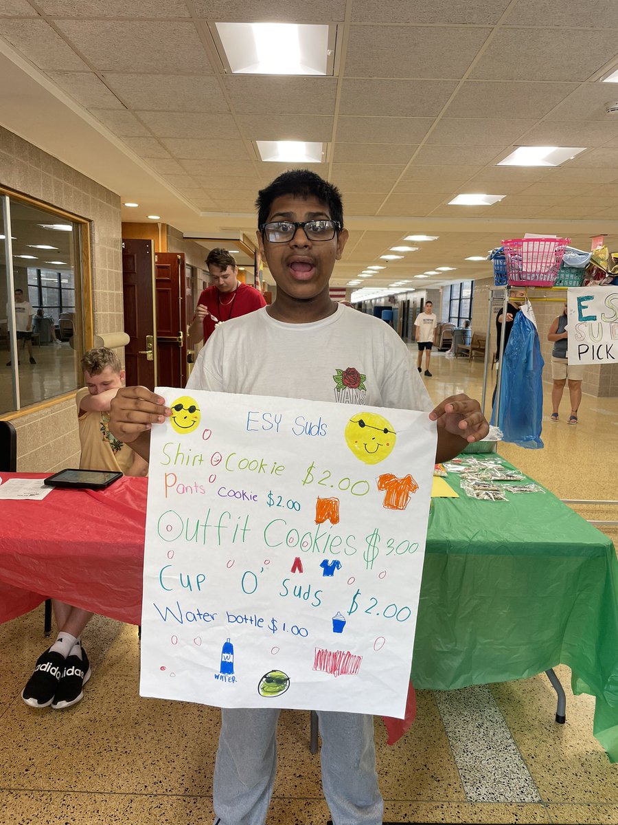 Rockin_Regan's tweet photo. ESY SUDS is cleaning up this morning, thanks to Affan, we have our very own custom menu. Come down and buy some edible shirts and pants! #ESY #wearebethpage 🦅🦅🦅 https://t.co/26CMRAcfD1