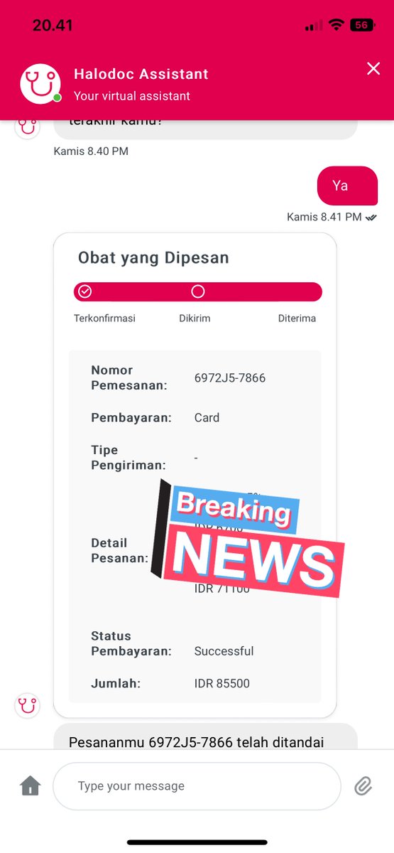 adeledelphia's tweet photo. @HalodocID Kalau seperti ini jadinya pembelian obat saya confirmed atau tidak ya? Soalnya bingung banget status pembayaran sukses tapi driver gak maju maju statusnya https://t.co/dEwL5SZygs
