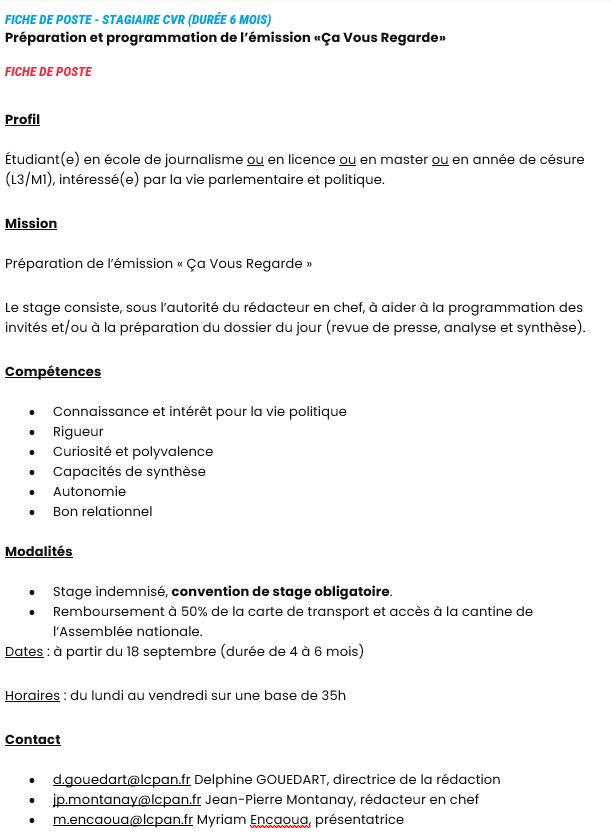 🔵[STAGE] La vie parlementaire et politique vous intéresse ?
Rejoignez l'équipe de #CVR, qui recherche un étudiant en école de journalisme, en licence, en master ou en année de césure (L3/M1).
#DirectAN #Stage <a href="/LCP/">LCP</a>