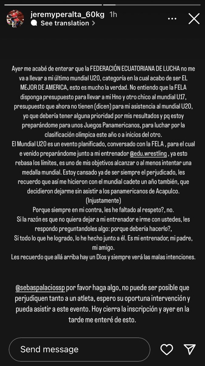 Antes del panamericano U20 <a href="/Lucha_Ecuador/">Lucha_Olimpica_ECU</a> dijo que si Jeremy clasificaba a la final le daban presupuesto para el mundial U20, ganó medalla de oro y el botín al mejor luchador, hoy no lo quieren enviar al mundial. Ayuda <a href="/DeporteEc/">Viceministerio del Deporte 🇪🇨</a> <a href="/SebasPalaciosSP/">Sebastián Palacios</a> es el mejor joven latinoamericano