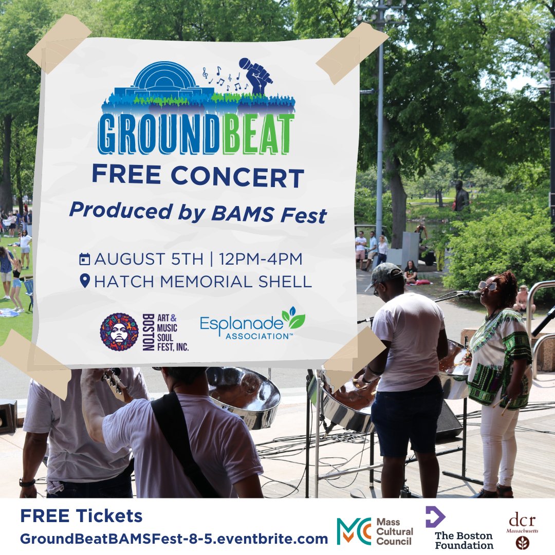 EsplanadeBoston's tweet photo. ON 8/5 come by the Hatch Shell for our FREE GroundBeat Concert produced by @BAMSFest! Experience Texas soul, rap beats, poetic brilliance, and Boston's premier cover band. Don't miss this diverse and extraordinary showcase! 

Get your FREE Tickets at https://t.co/R0kX6Ajzkc https://t.co/OMfv6GjQNb