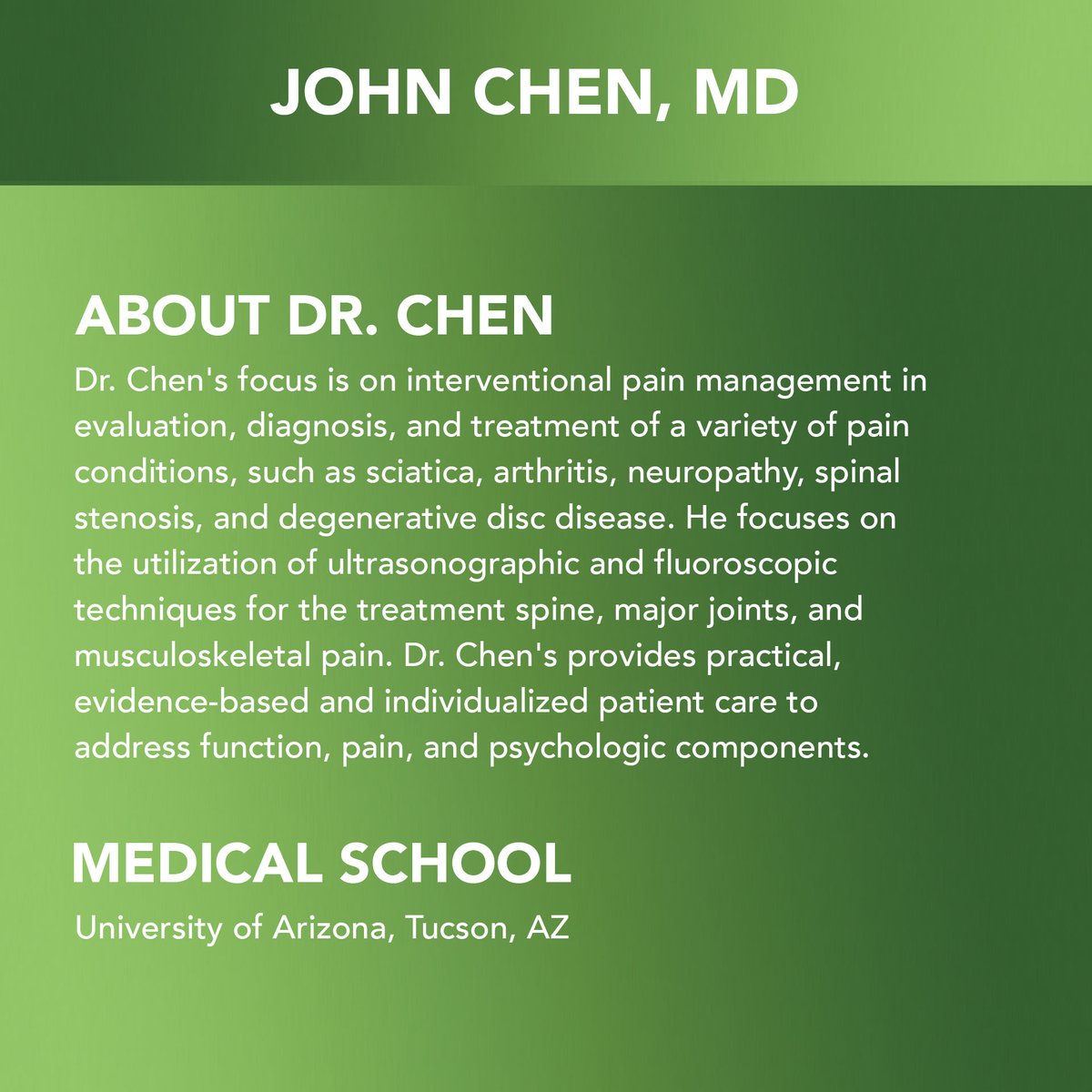 TucsonOrtho's tweet photo. Today, our #PhysicianSpotlight is on John Chen, MD. Dr. Chen is board-certified in Anesthesiology and Pain Management and helps patients with a variety of pain conditions, such as sciatica, arthritis, neuropathy, spinal stenosis, and degenerative disc disease. https://t.co/W4GURzszgL