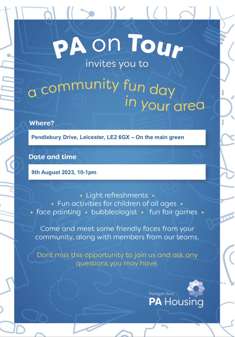 Looking for something to keep the kids entertained during the holidays?

We’re holding a Community Fun Day at Pendlebury Drive, Leicester and would love to see you there!

There’ll be lots of fun activities and @pa_housing staff will be there to answer any queries you may have.