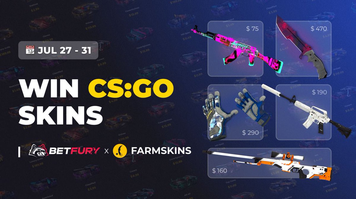 💥#BetFury x <a href="/farmskins/">Farmskins</a> #CSGOGiveaway

Greet the explosive collab &amp; Win #CSGO skins for free!

💣Jul 27 - 31 | 5 winners
- RT this post + Follow <a href="/farmskins/">Farmskins</a>
- Add a link to your Farmskins profile below

The results will be announced on 31.07