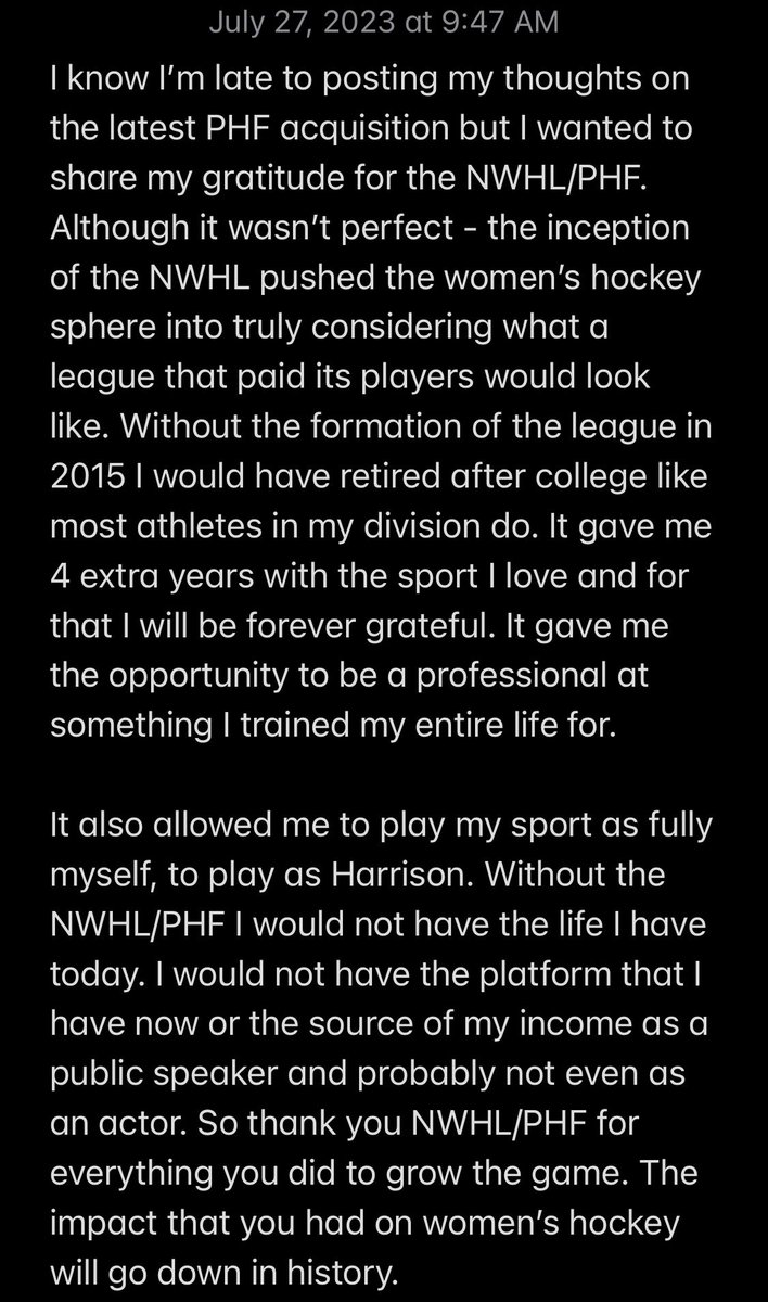 Thank you <a href="/PHF/">PHF</a>. You changed my life and the lives of hundreds of athletes who had been overlooked for too long. 

Thank you to the fans and the staff behind the scenes. You believed in us when not many did. You made history and I’m so honoured to have been part of it. 

💙🏒
