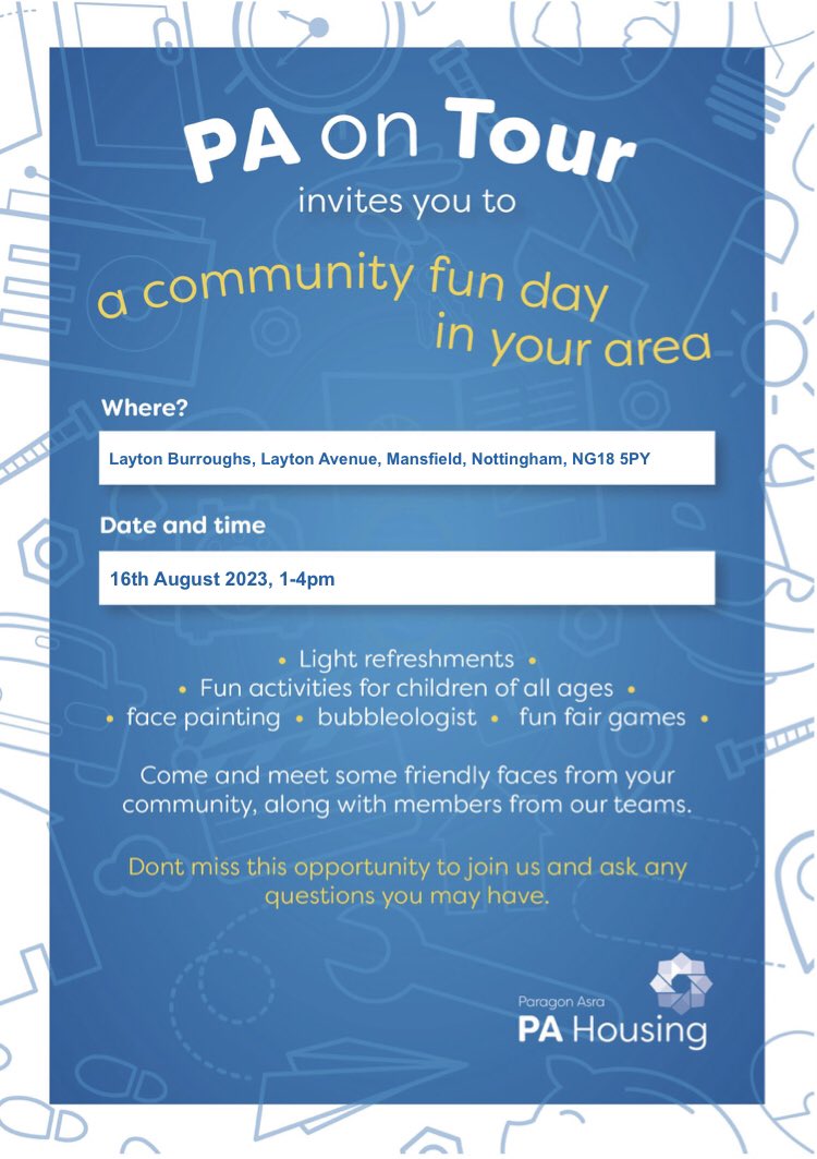 Looking for something to keep the kids entertained during the holidays?

We’re holding a Community Fun Day at Layton Burroughs, Mansfield and would love to see you there!

There’ll be lots of fun activities and @pa_housing staff will be there to answer any queries you may have.