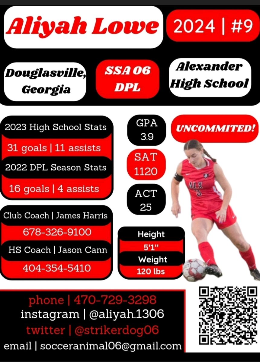 strikerdog06's tweet photo. @UncommittedGrls @OliviaGk25 Aliyah Lowe 2024 Forward 
Alexander High School 
2023 region player of the year and 1st team all state in Georgia 
3.9 GPA ACT 24 SAT 1120
Southern Sports Academy DPL 06
Highlights
https://t.co/5N13Zhx77j https://t.co/1yQME0ai9J