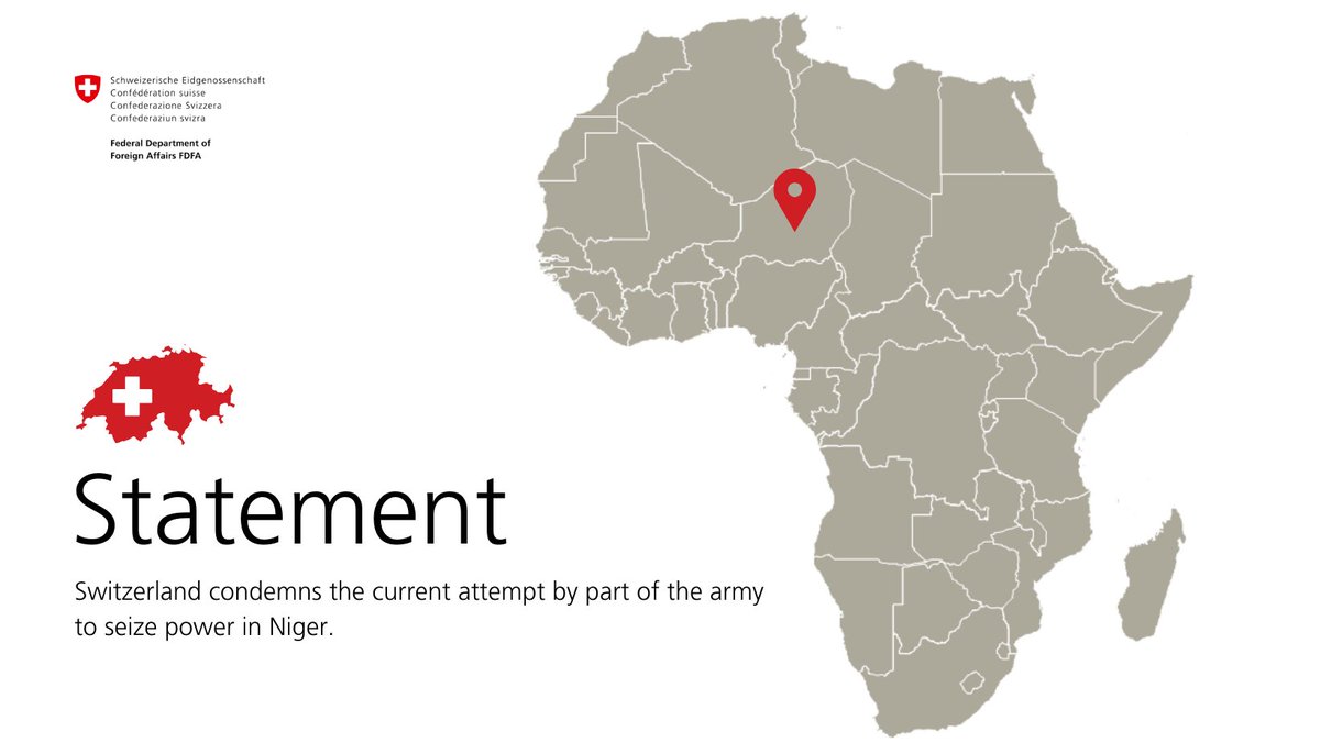 #Niger | Switzerland condemns the current attempt by part of the army to seize power in Niger.

While emphasizing dialogue and a return to constitutional order, Switzerland calls for the immediate release of the democratically elected President.

👉 bit.ly/474N4zF