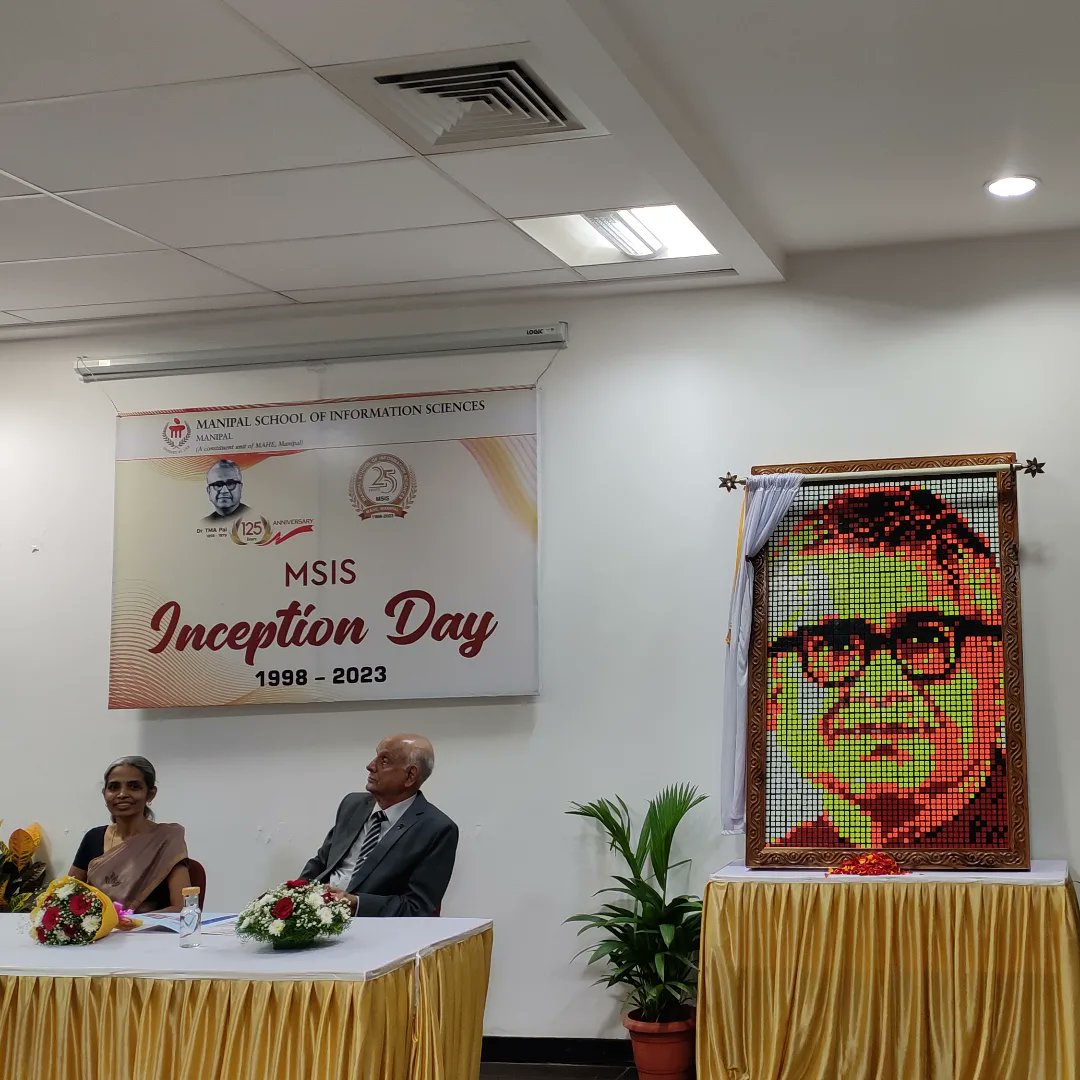 prithvimosaics's tweet photo. Dr. TMA Pai 125th birth anniversary
& Silver Jubilee - 25th year celebration of Manipal School of Information Science. 

Proud to tribute the artwork to the great visionary founder using 400 Rubik's cubes, which was unveiled by MAHE Pro-Chancellor Dr. H S Ballal. 

Special thanks to all the Professors for inviting me to be a part of today's event.
#manipal #drtmapai #msis #kmcmanipal