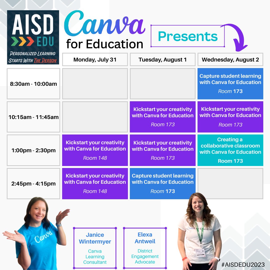 .@AustinISD @ElexaAntweil & I can't wait to join you for #AISDEDU2023 next week!💜 We'll be sharing how to use @CanvaEdu to create engaging lessons & materials, build a collaborative classroom, & capture student learning as you head B2S! 🏫 Check out our schedule 👇 and join us!