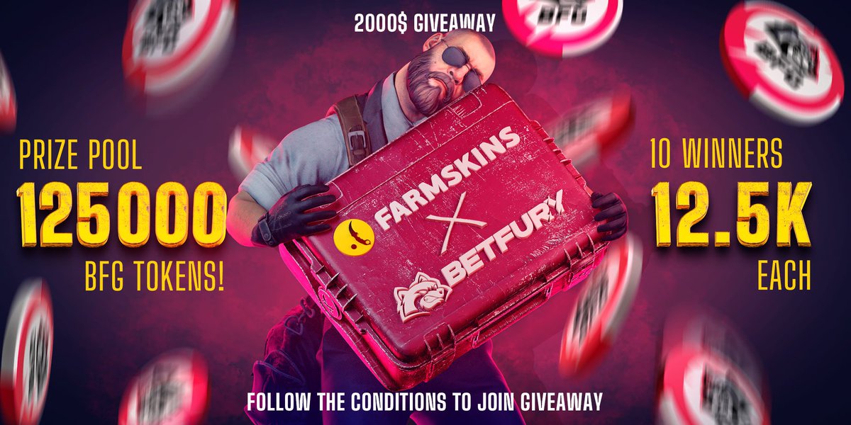 @farmskins x BetFury collab time! 🎉 2000$ HUGE GIVEAWAY! 🤑 It's your time to win BFG! 10 winners! 🔥 How to? 👇 💰 Follow @betfury_gaming 💰 Like & RT 💰 Leave BetFury username below Register here – betfury.tv/3O7Akjd Results on August 1st! ⏰ #CSGOGiveaway #crypto